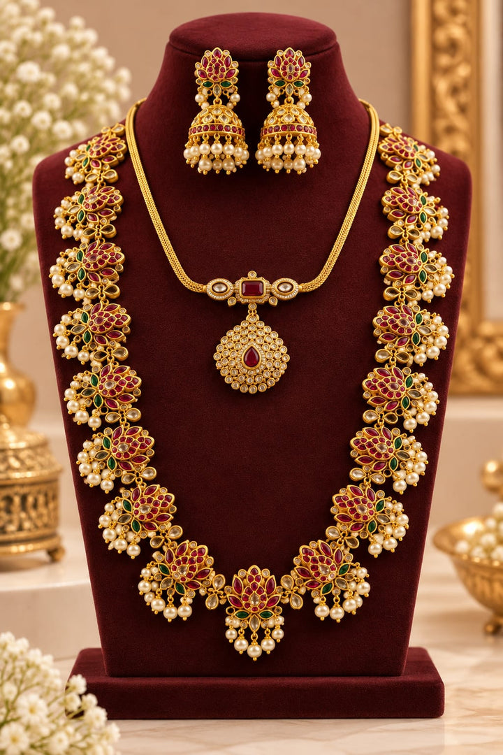 Kemp Stone Haram with AD Stone Necklace with Jhumka