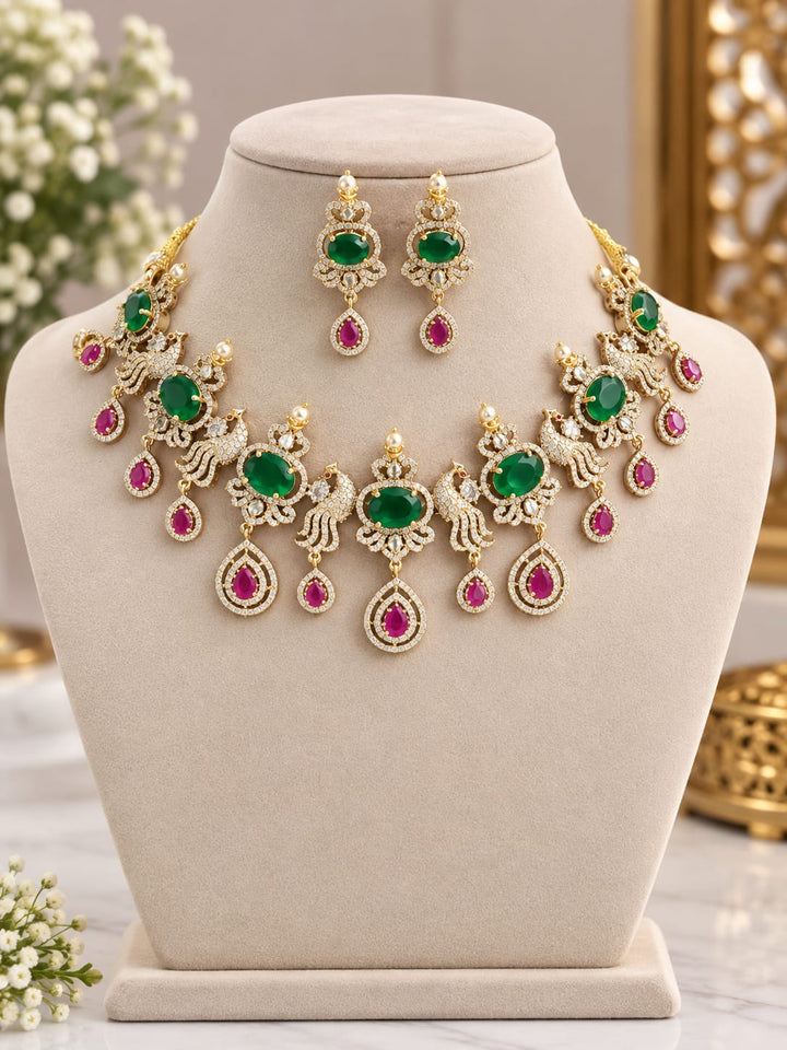 Gold Finish AD Stone Peacock Necklace Set