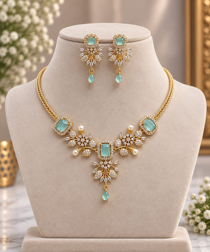 Gold Finish AD Stone Floral Design Necklace Set