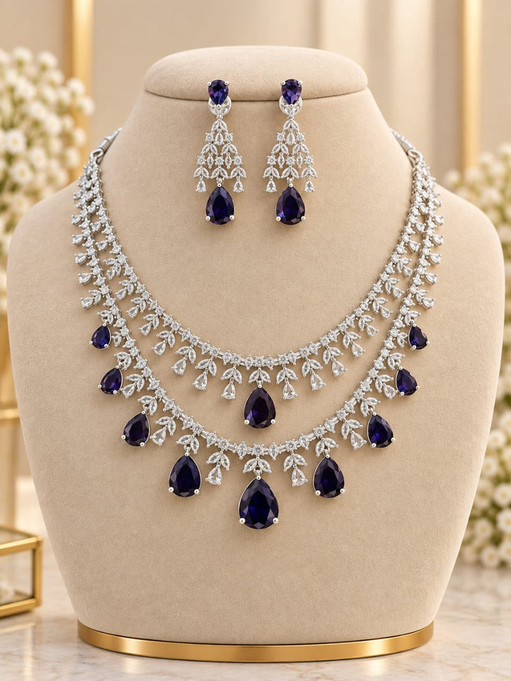 Silver Polish AD Stone 2 Layer Necklace Set