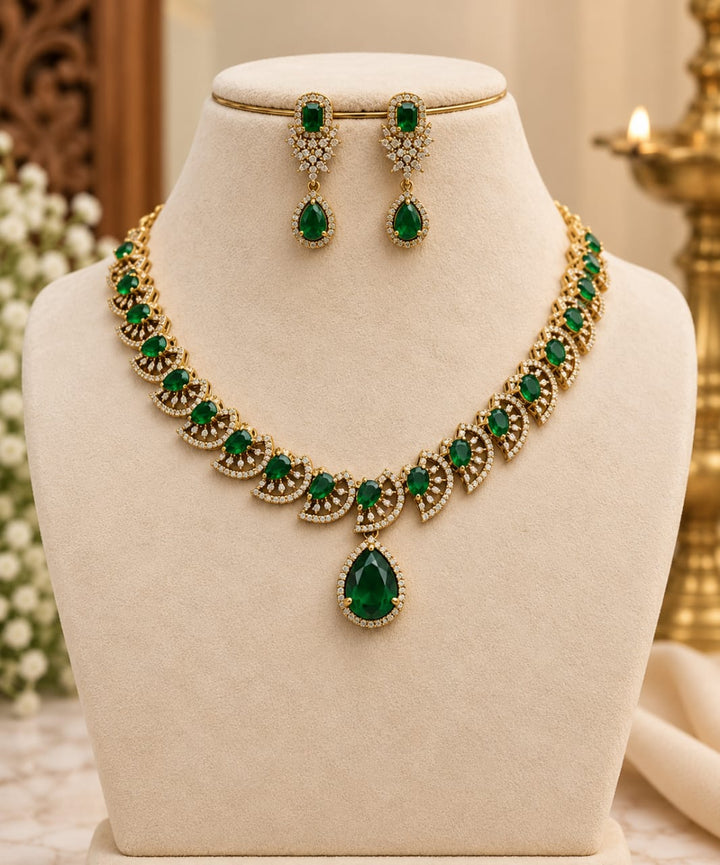 Mehndi Polish Emerald AD Stone Necklace Set
