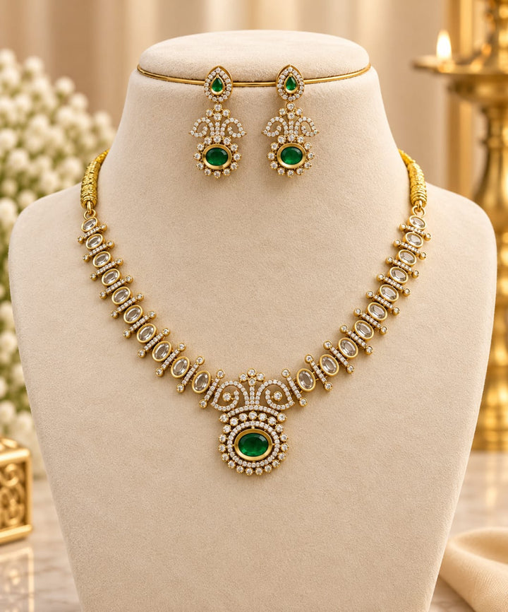 Mehndi Polish AD Emerald Stone Necklace Set