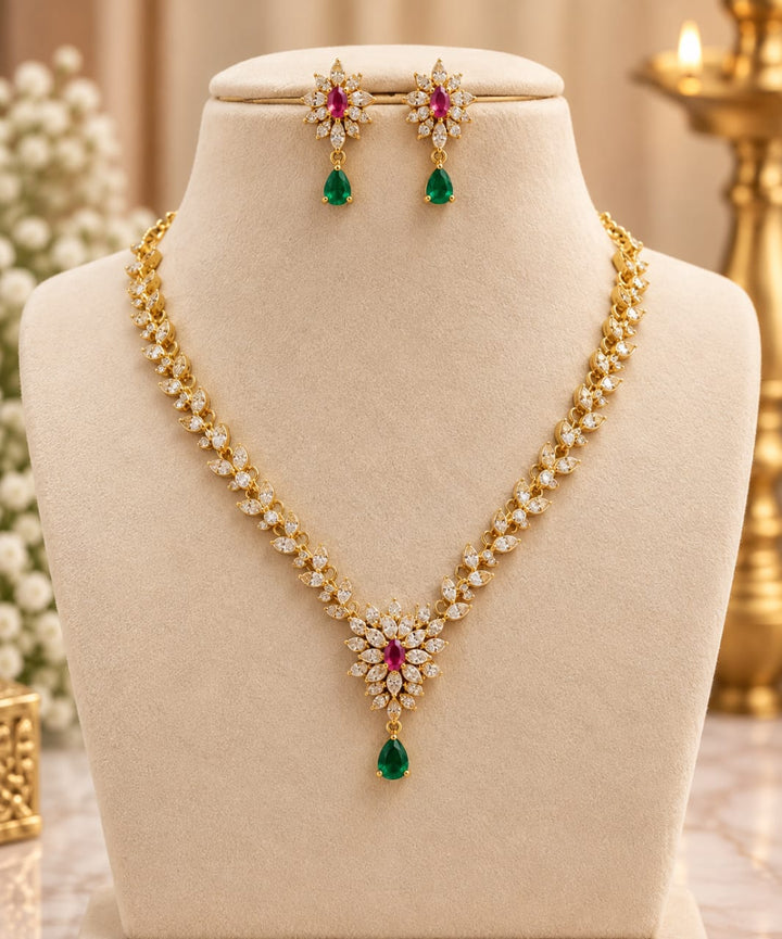 Gold Finish AD Stone Floral Necklace Set