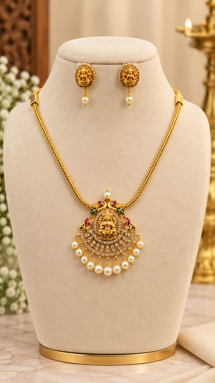 Gold Finish AD Stone Lakshmi Pendant Necklace Set
