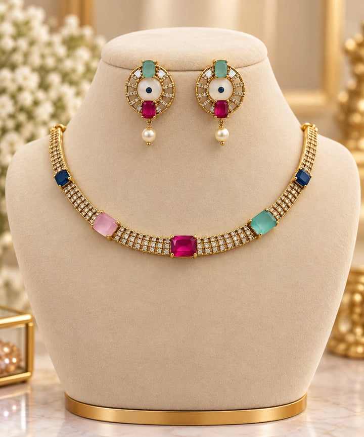 Gold Finish Multicolour AD Stone Necklace Set