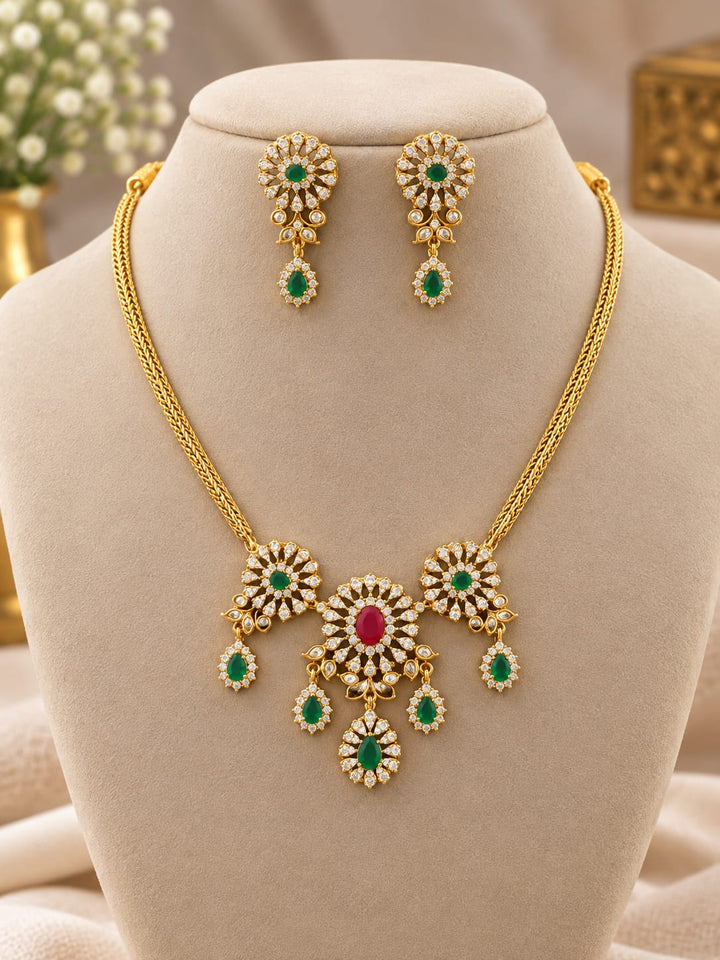 Mehndi Polish Coral AD Stone Necklace Set