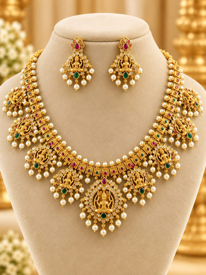 Matt Finish AD Stone Lakshmi Necklace Set with Pearl Beads