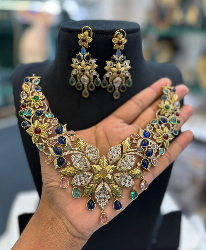 Mehndi Polish Moissanite Stone Necklace Set