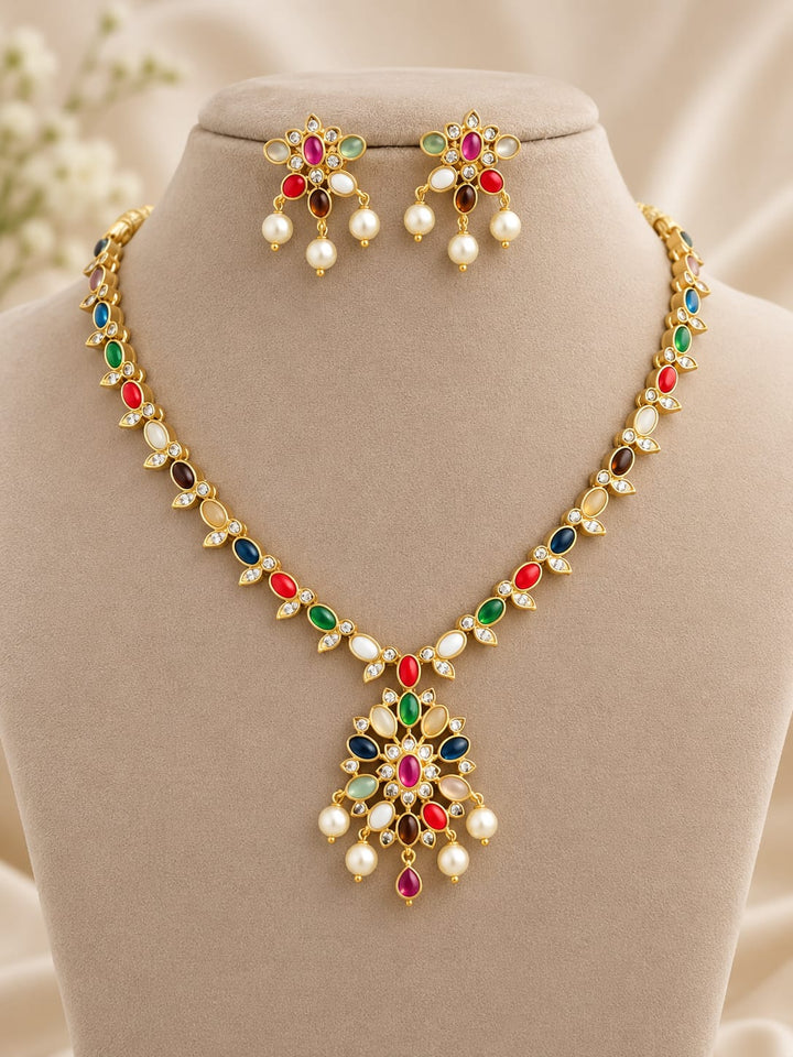 Gold Finish Coral Kemp Stone Necklace Set