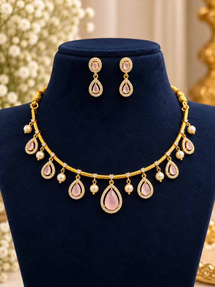 Gold Finish AD Stone Necklace with Pearl Beads