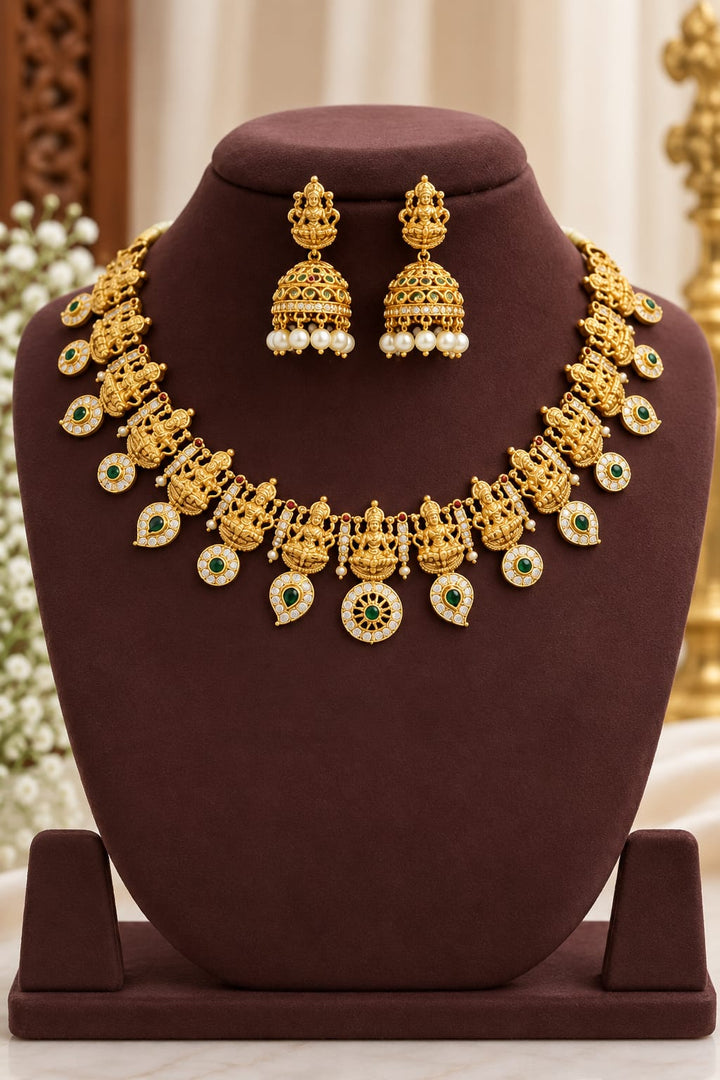 Antique Matt Finish AD Stone Lakshmi Manga Necklace Set