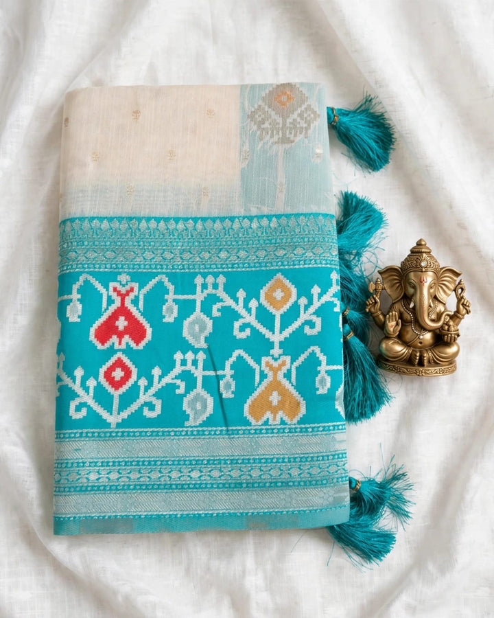 White and Blue Cotton Silk Saree