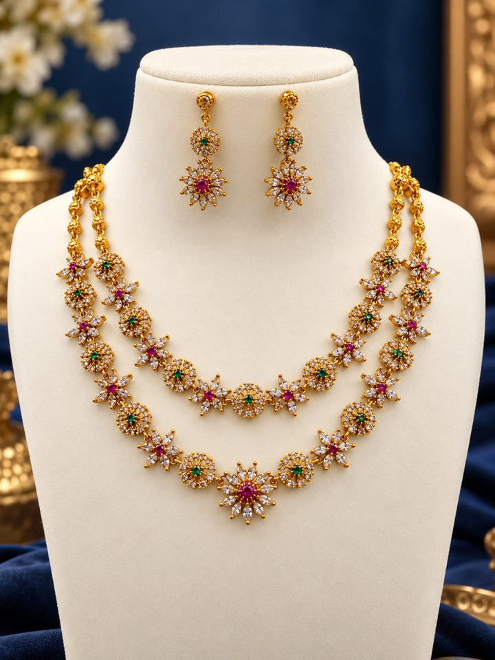 AD Stone Gold Finish 2 Layer Necklace Set