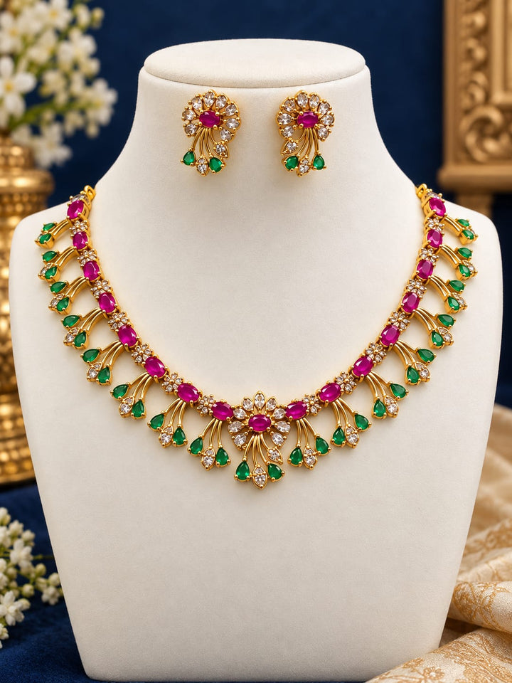 Gold Finish Emerald and Ruby AD Stone Necklace Set