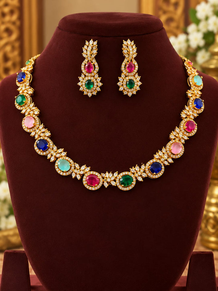 Gold Finish AD Stone Multi Colour Necklace Set